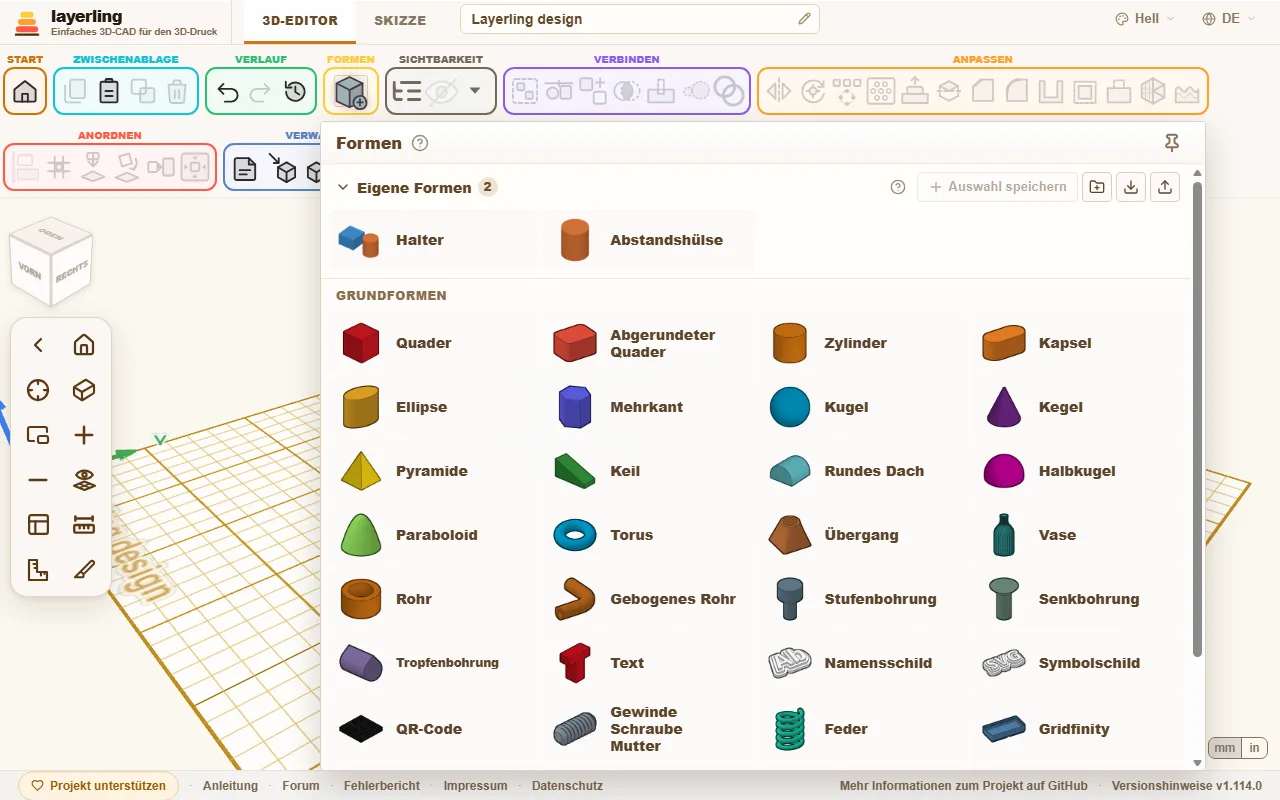 Die Formenbibliothek. Jedes Bildchen ist aus der echten Geometrie der Form gerendert.