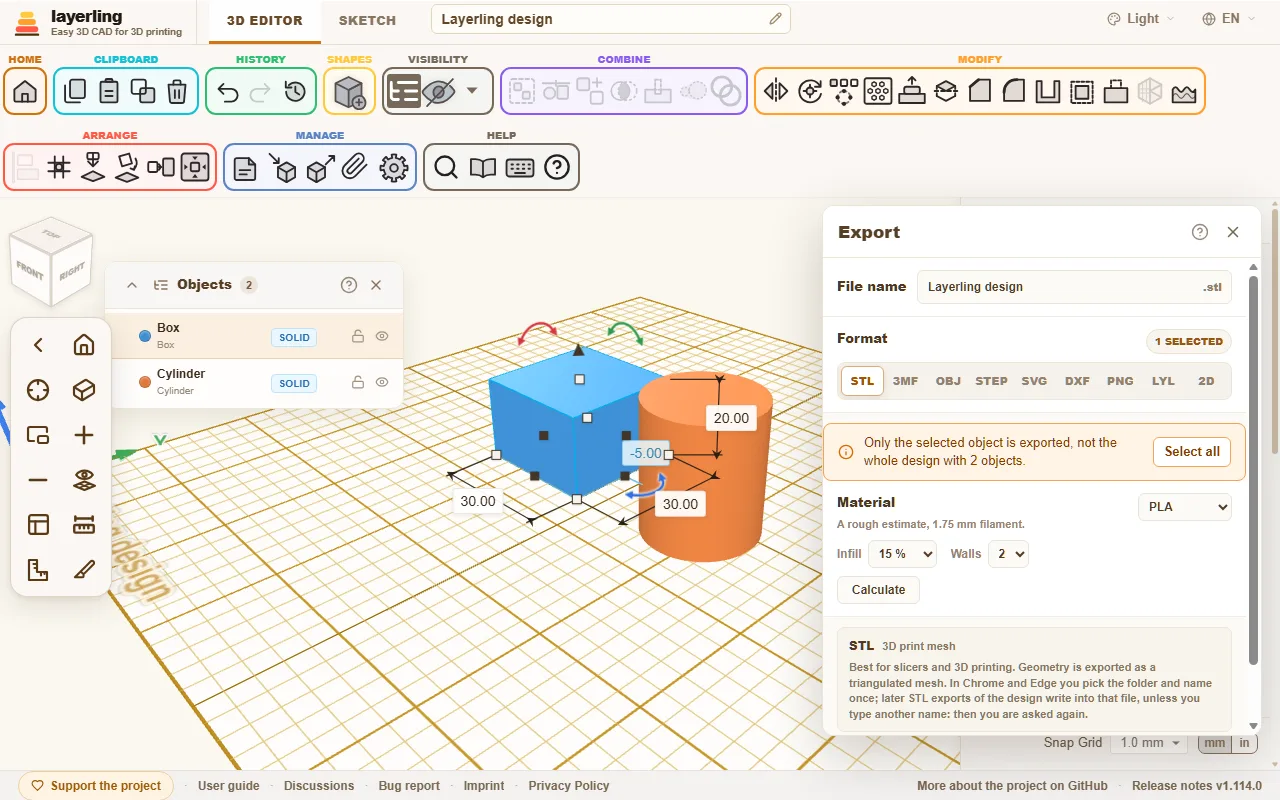 The export window with the formats STL, 3MF, OBJ, STEP, SVG, PNG, LYL and 2D.