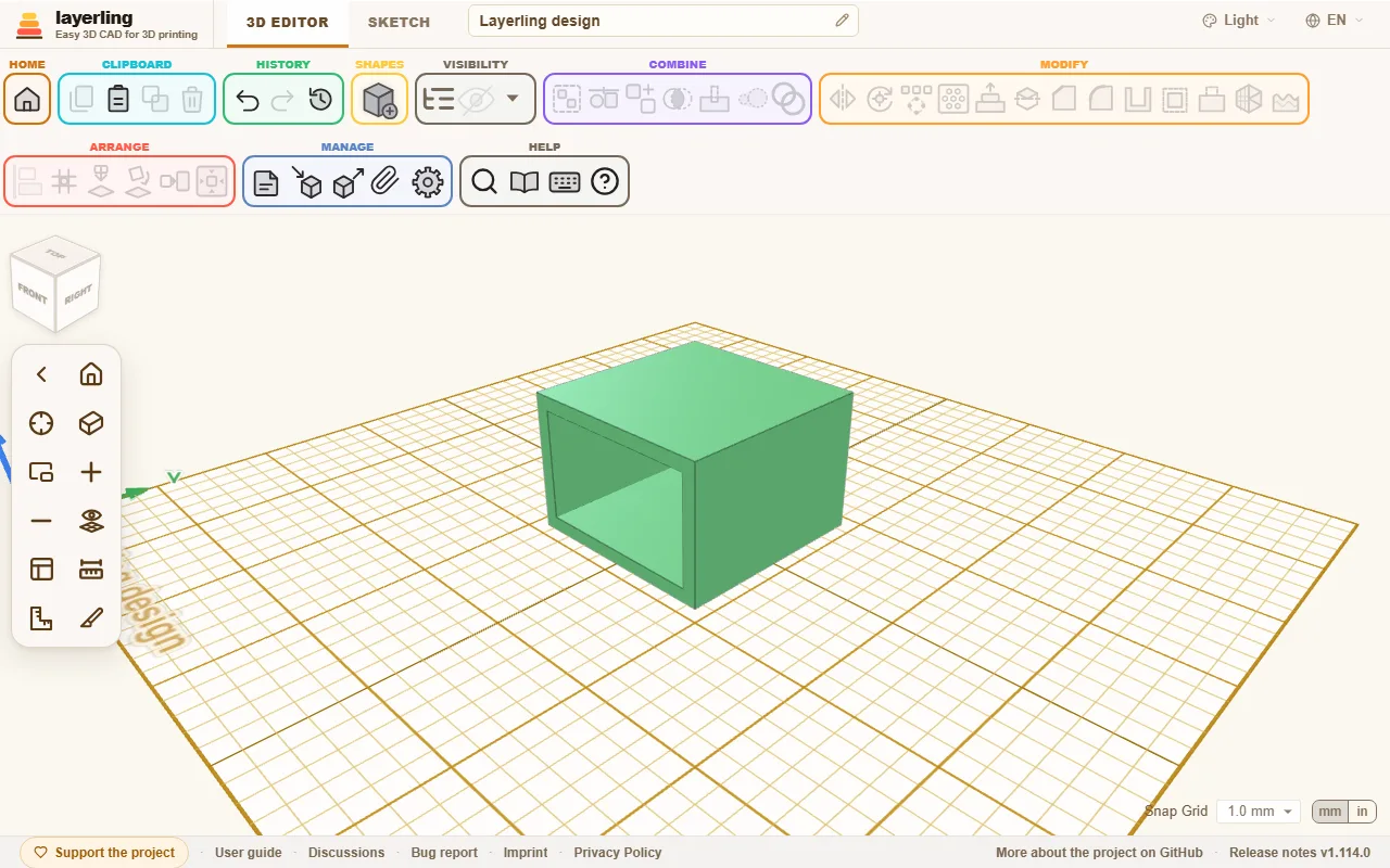 The same box with only the front side open: a slot for a drawer.
