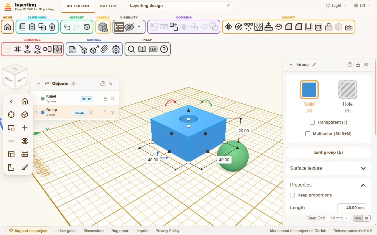 The object list: the group "Group" with two parts and a sphere beside it. A folder icon opens the group.